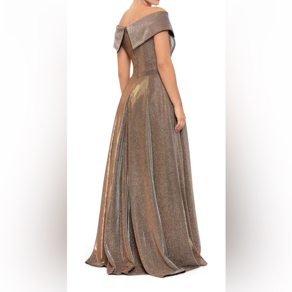 Xscape Gold Shimmer Off the Shoulder Evening Gown - Picture 2 of 2